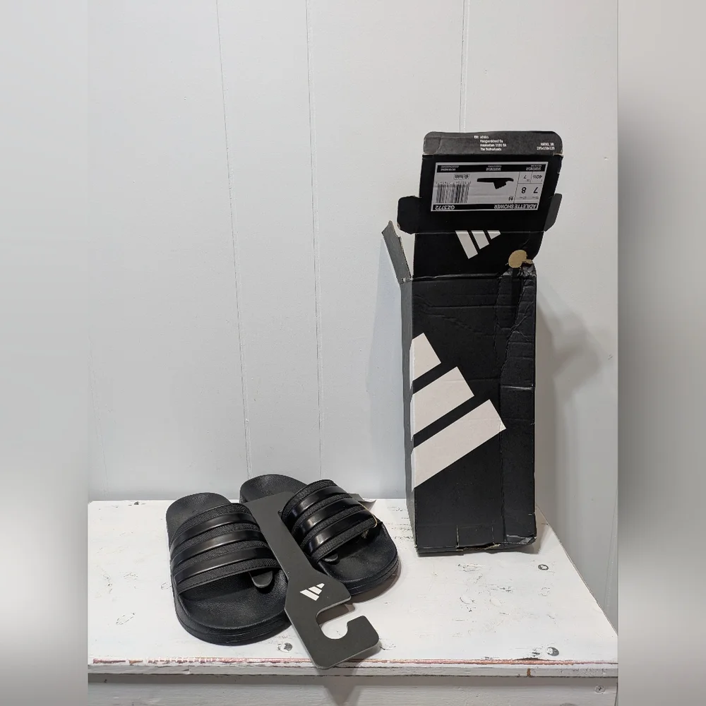 Adidas Adilette Shower Slides Black On Black Stripe New Mens 7‎ Womens 8